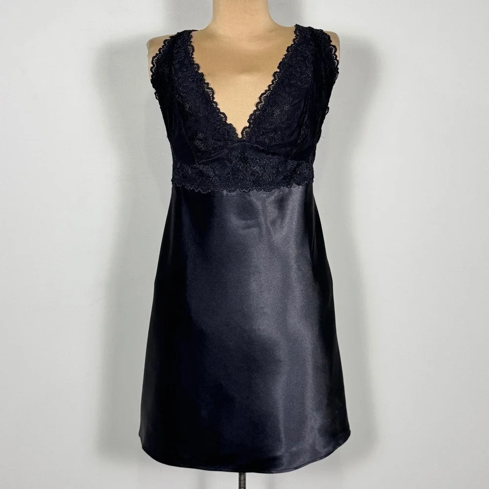 Jones New York‎ Lace Trim Slip Dress Black Satin Large Whimsigoth Plunging Neck